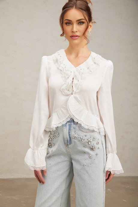 Angelina Shirt - V - Neck - Long Flared Sleeves - Lace Trim - Rhinestone Embellishment