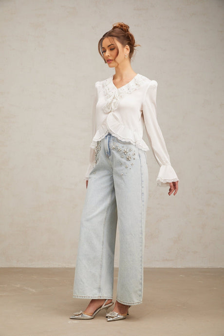 Angelina Shirt - V - Neck - Long Flared Sleeves - Lace Trim - Rhinestone Embellishment
