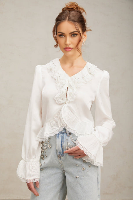Angelina Shirt - V - Neck - Long Flared Sleeves - Lace Trim - Rhinestone Embellishment