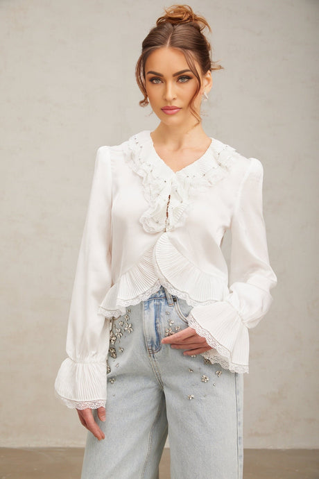 Angelina Shirt - V - Neck - Long Flared Sleeves - Lace Trim - Rhinestone Embellishment