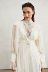 Angioletta Maxi Dress - Elegant Lace Detailing - Pleated Layers - Faux Pearl Embellishment - Long Sleeves - Rear Zip