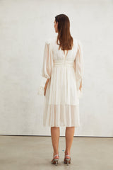 Angioletta Maxi Dress - Elegant Lace Detailing - Pleated Layers - Faux Pearl Embellishment - Long Sleeves - Rear Zip