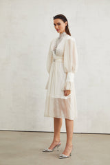 Angioletta Maxi Dress - Elegant Lace Detailing - Pleated Layers - Faux Pearl Embellishment - Long Sleeves - Rear Zip