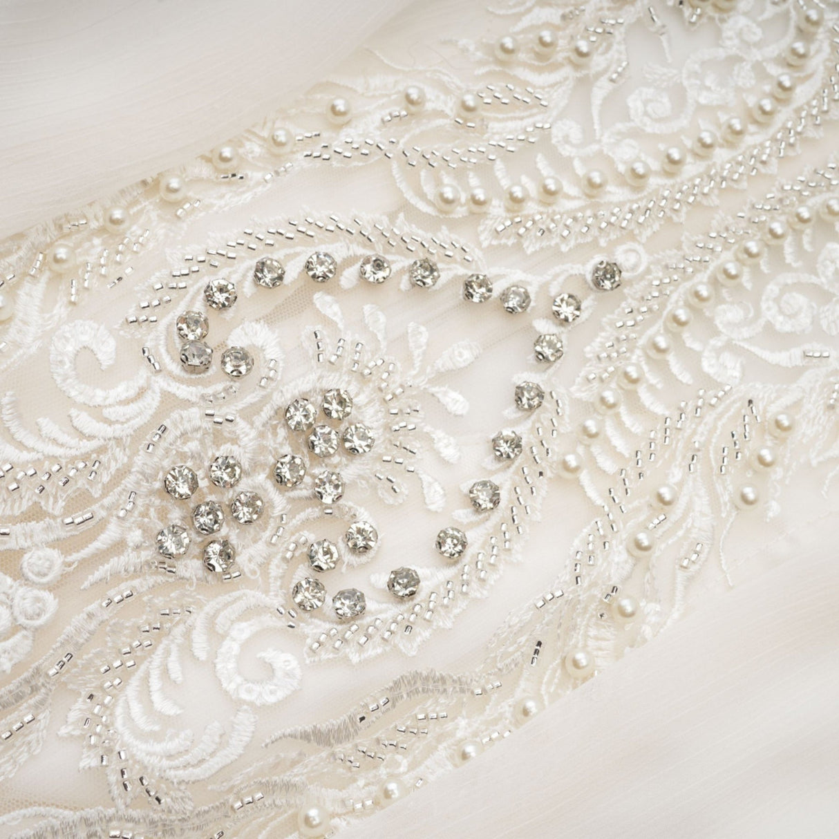 Angioletta Maxi Dress - Elegant Lace Detailing - Pleated Layers - Faux Pearl Embellishment - Long Sleeves - Rear Zip