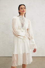 Angioletta Maxi Dress - Elegant Lace Detailing - Pleated Layers - Faux Pearl Embellishment - Long Sleeves - Rear Zip