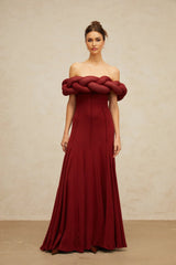 Angioletta Maxi Dress Red Knit Braid Design & Godet Pleats