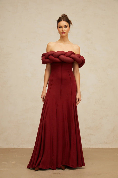 Angioletta Maxi Dress Red Knit Braid Design & Godet Pleats
