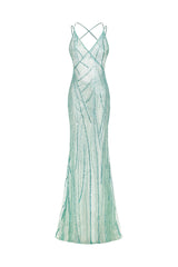 Angioletta Teal Maxi Gown Beaded Detailing Sheer Fabric Spaghetti Straps Plunging Neckline Figure-Hugging Silhouette Dress