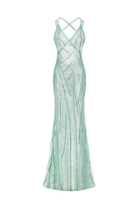 Angioletta Teal Maxi Gown Beaded Detailing Sheer Fabric Spaghetti Straps Plunging Neckline Figure-Hugging Silhouette Dress