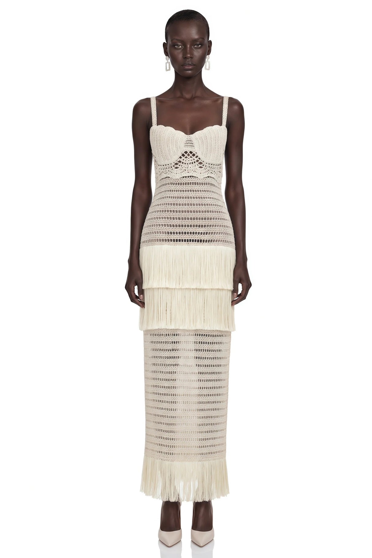 Ani White CutOut Knit Maxi Dress with Fringe