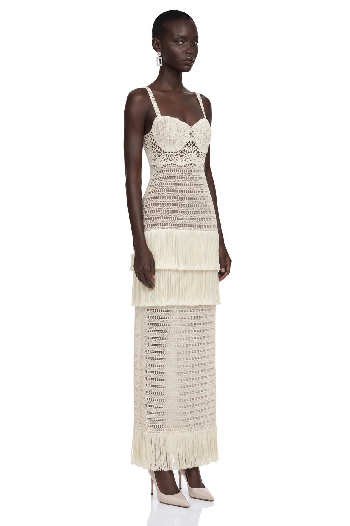 Ani White CutOut Knit Maxi Dress with Fringe