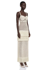 Ani White CutOut Knit Maxi Dress with Fringe