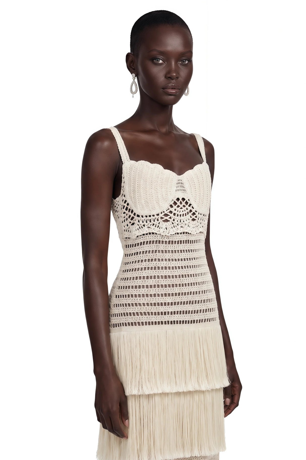 Ani White CutOut Knit Maxi Dress with Fringe