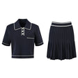 Anita Boxy Polo Top and Pleated Skirt Set - Sporty Design with Contrast Piping and Buttons