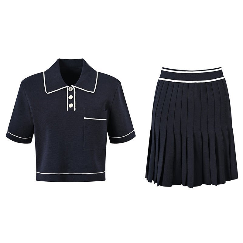 Anita Boxy Polo Top and Pleated Skirt Set - Sporty Design with Contrast Piping and Buttons