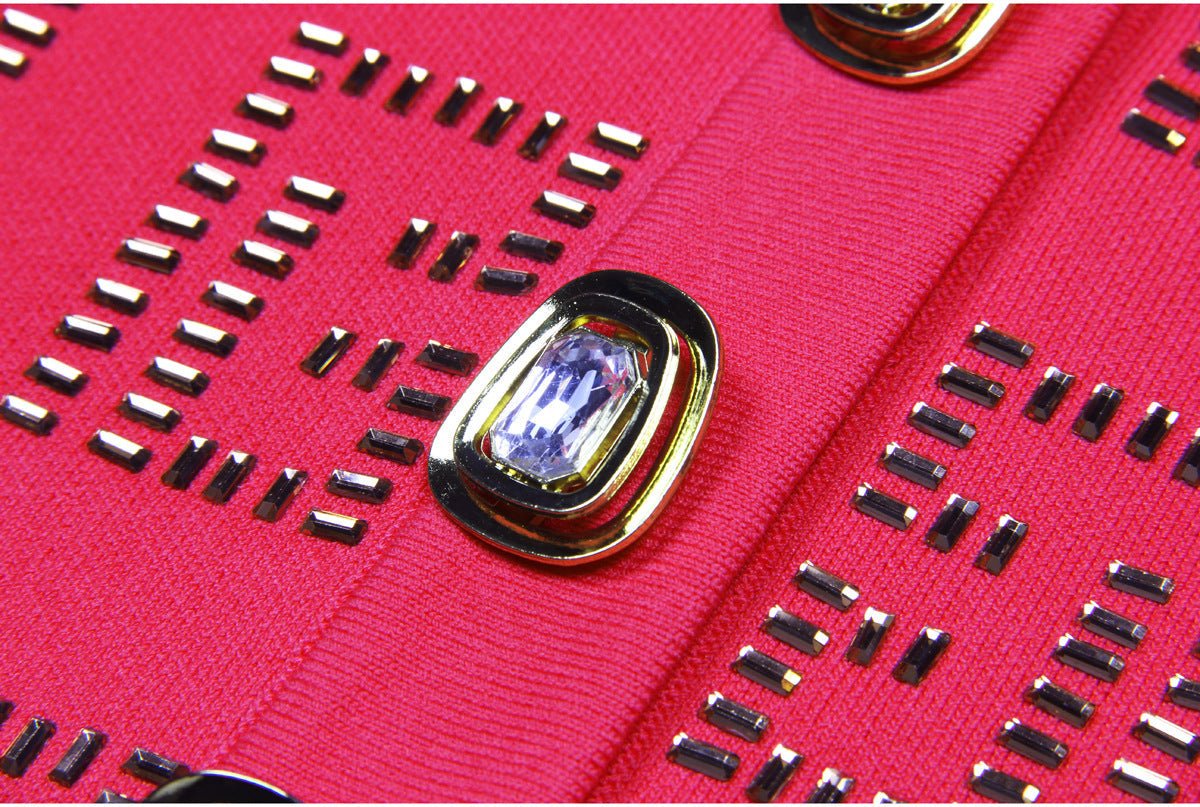 Anita Fitted Cardigan & Mini Skirt Set - Geometric Cutouts - Gold Button Embellishments