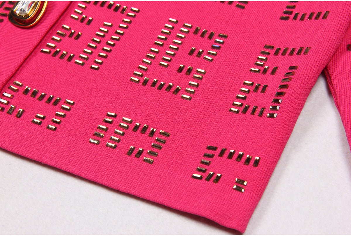 Anita Fitted Cardigan & Mini Skirt Set - Geometric Cutouts - Gold Button Embellishments