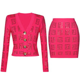 Anita Fitted Cardigan & Mini Skirt Set - Geometric Cutouts - Gold Button Embellishments