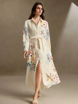 Anita Maxi Dress - Neckline Collar - High Waist - Floral Print - Long Sleeve - Casual Style