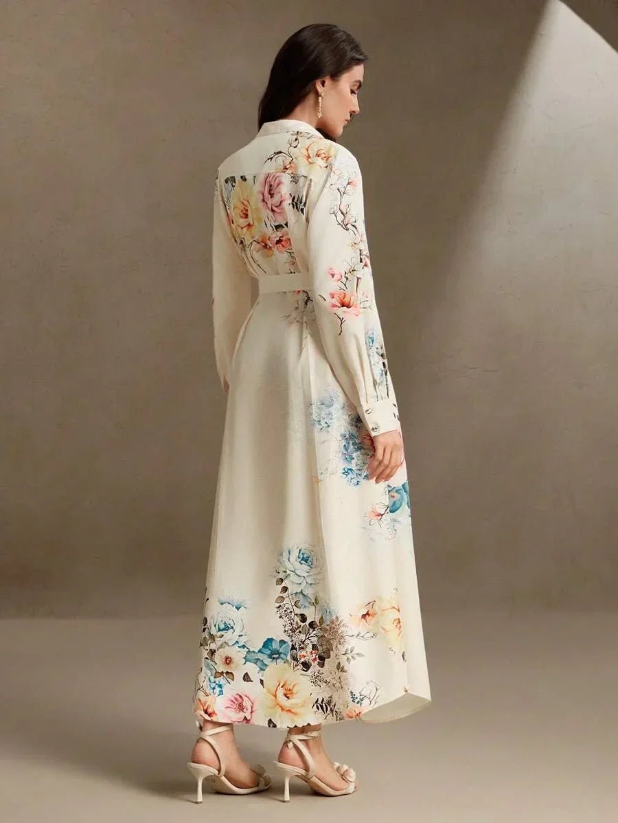 Anita Maxi Dress - Neckline Collar - High Waist - Floral Print - Long Sleeve - Casual Style