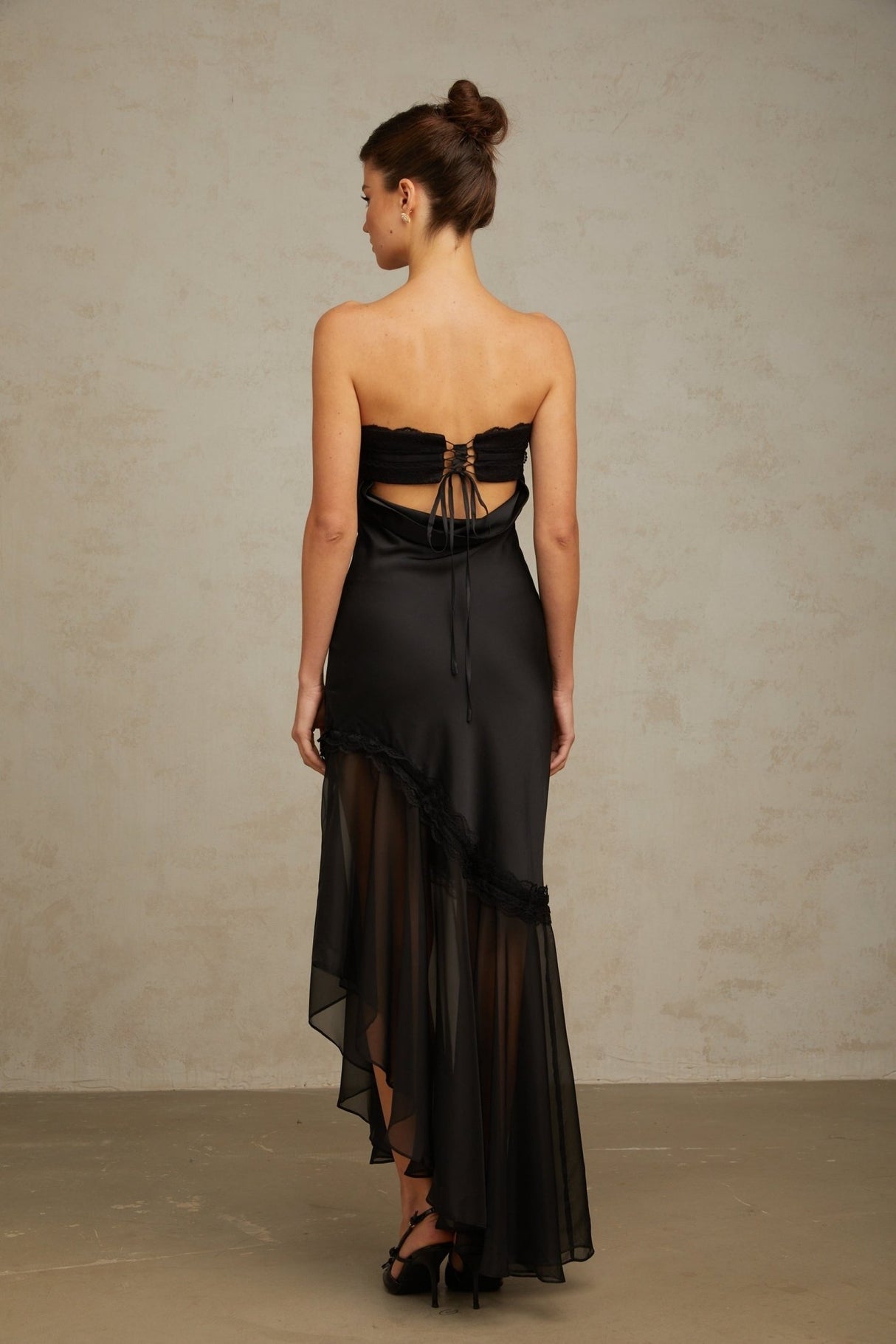 Anita Maxi Dress - Off Shoulder Style - Satin Finish with Tulle Panel - Pleated Detail and Lace Trim - Asymmetric Hem with Rear Tie Fastening
