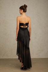 Anita Maxi Dress - Off Shoulder Style - Satin Finish with Tulle Panel - Pleated Detail and Lace Trim - Asymmetric Hem with Rear Tie Fastening