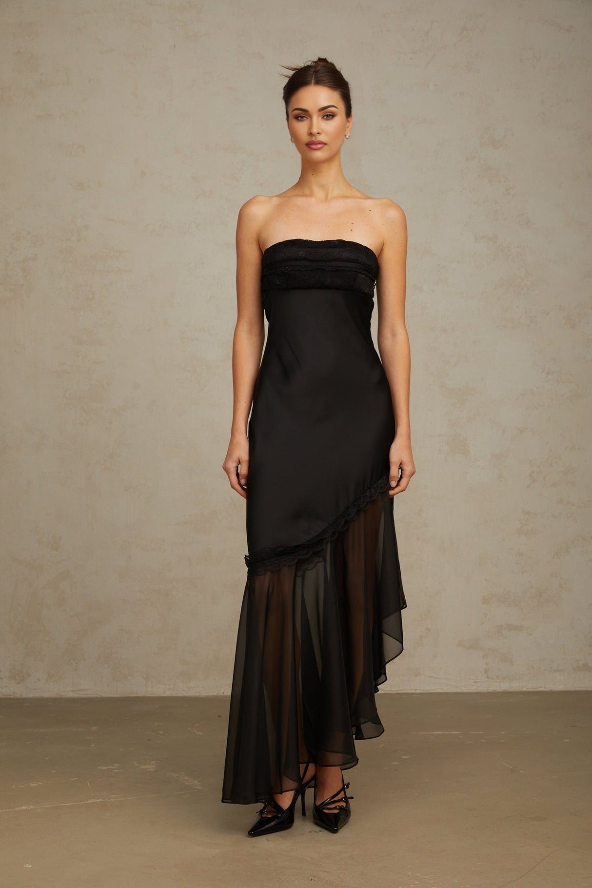 Anita Maxi Dress - Off Shoulder Style - Satin Finish with Tulle Panel - Pleated Detail and Lace Trim - Asymmetric Hem with Rear Tie Fastening
