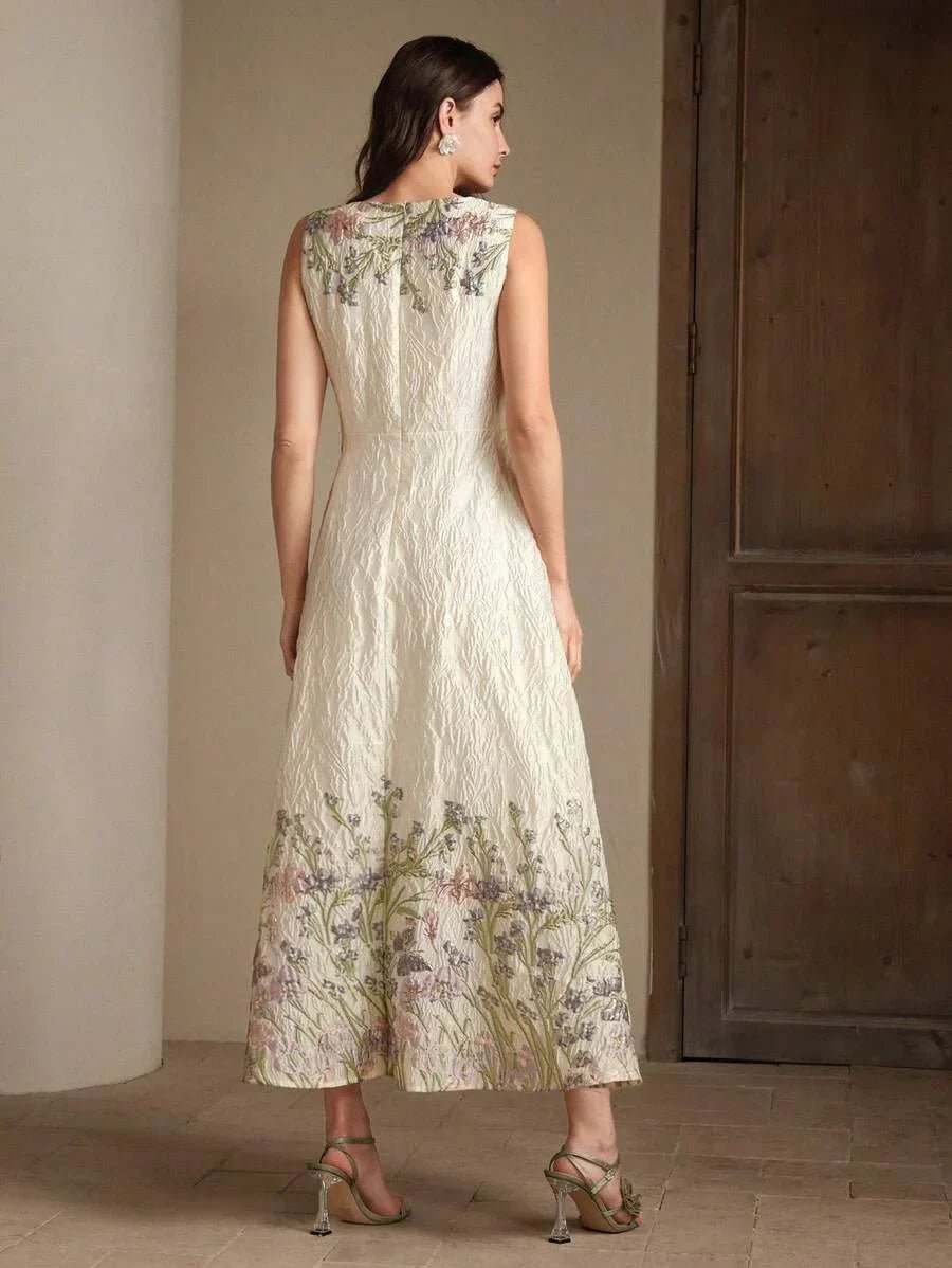 Anita Maxi Dress - Round Neck - High Waist - Flared Hem - Floral Print - Elegant Style