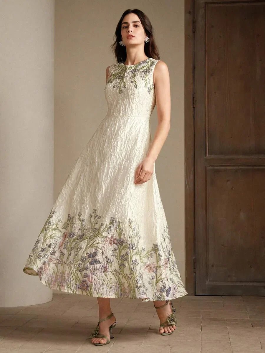 Anita Maxi Dress - Round Neck - High Waist - Flared Hem - Floral Print - Elegant Style