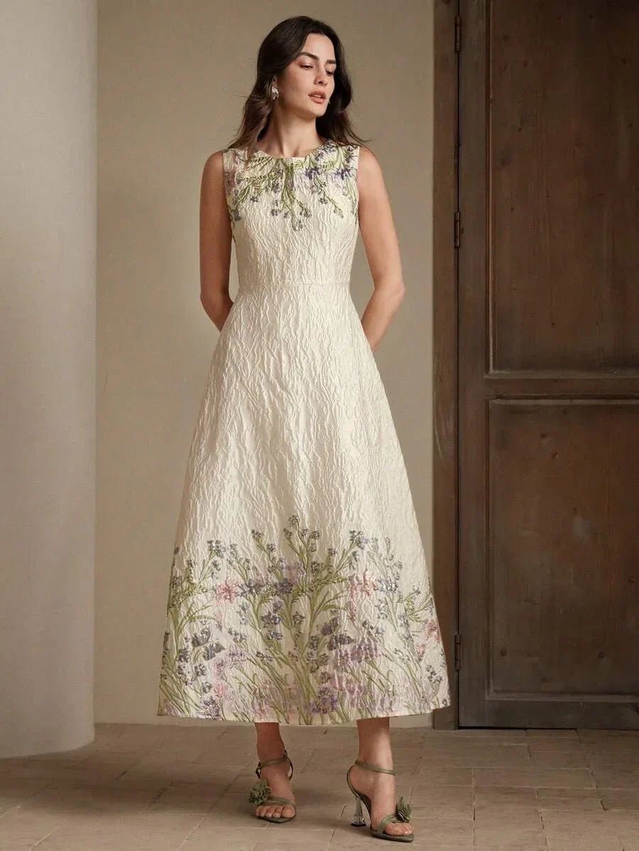 Anita Maxi Dress - Round Neck - High Waist - Flared Hem - Floral Print - Elegant Style