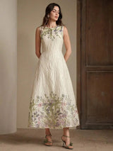 Anita Maxi Dress - Round Neck - High Waist - Flared Hem - Floral Print - Elegant Style