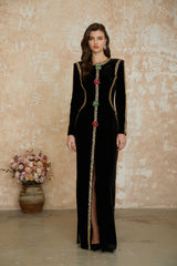 Anna Black Crystal Embellished Front Slit Maxi Dress