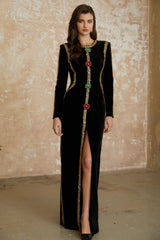 Anna Black Crystal Embellished Front Slit Maxi Dress