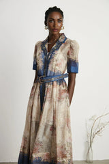 Anna Midi Dress – Long Sleeves – Lapels – Pattern Printed