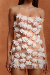 Anna Peach Backless Mini Dress with Flower Detailing