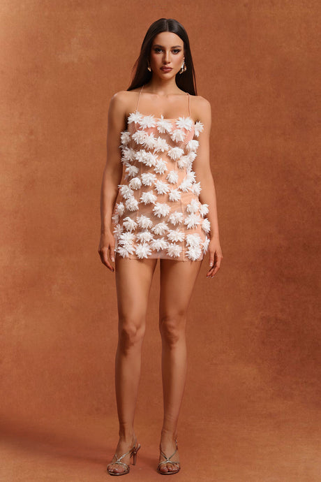 Anna Peach Backless Mini Dress with Flower Detailing and Sheer Fabric