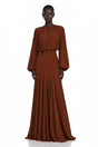 Annabelle Brown Lantern Sleeve Pleated Maxi Dress
