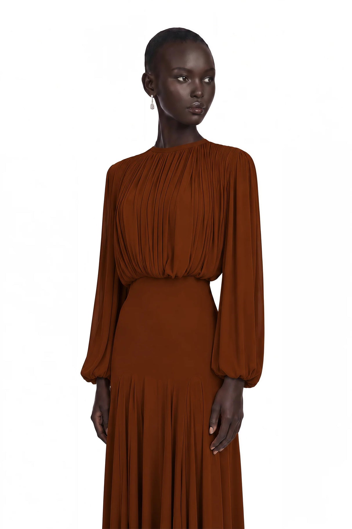 Annabelle Brown Lantern Sleeve Pleated Maxi Dress