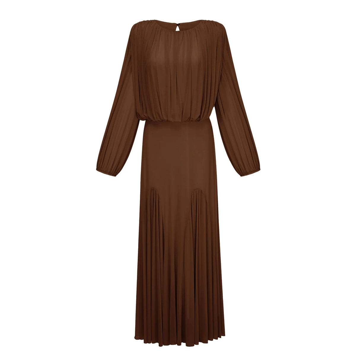 Annabelle Brown Lantern Sleeve Pleated Maxi Dress