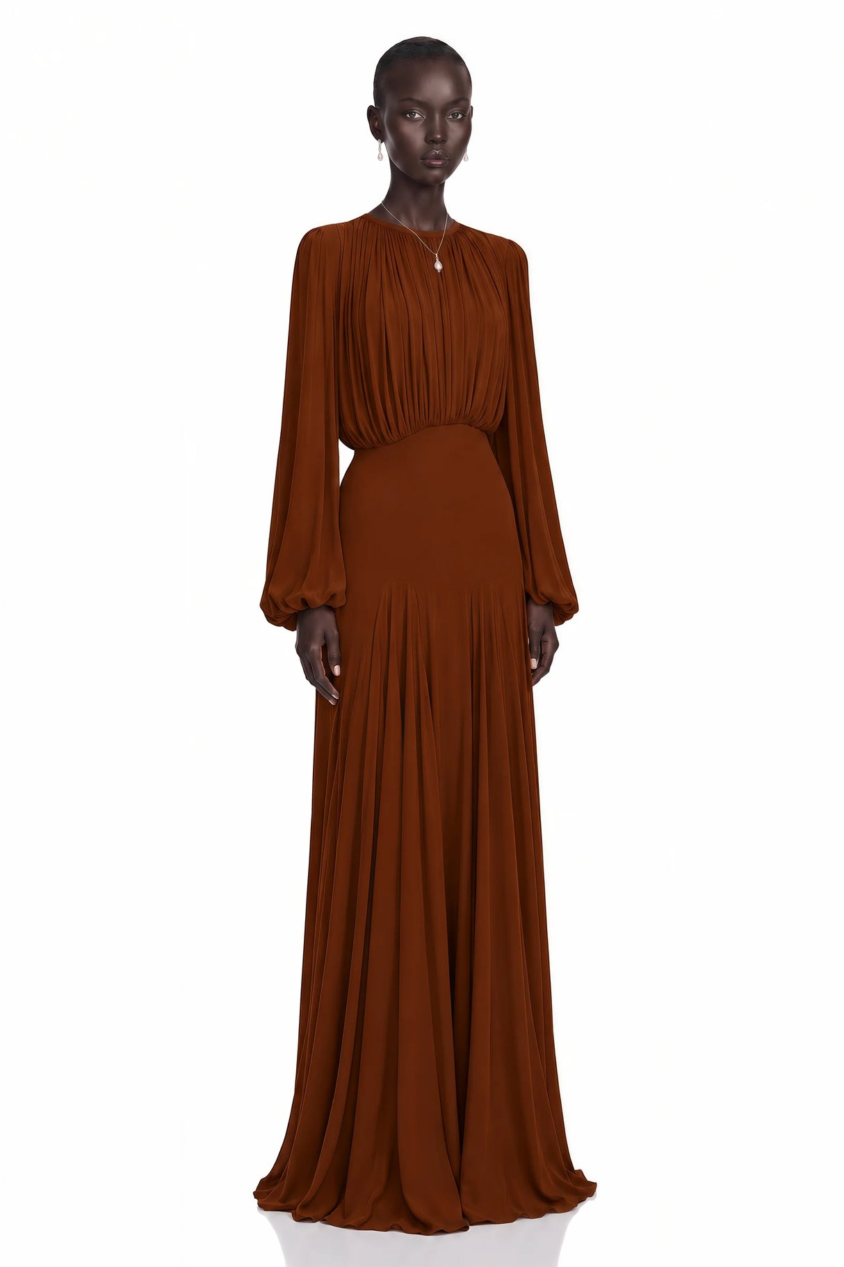 Annabelle Brown Lantern Sleeve Pleated Maxi Dress