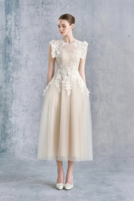 Annabelle Flowerappliqué Tulle Midi Dress Without Belt