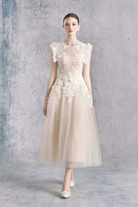 Annabelle Flowerappliqué Tulle Midi Dress Without Belt