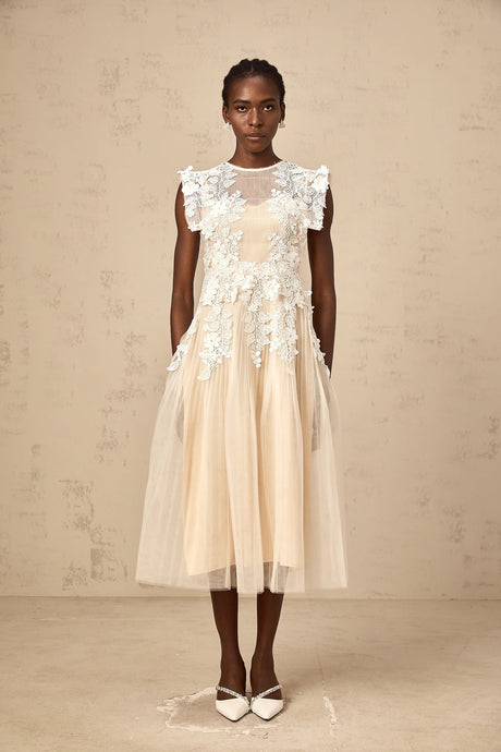 Annabelle Flowerappliqué Tulle Midi Dress