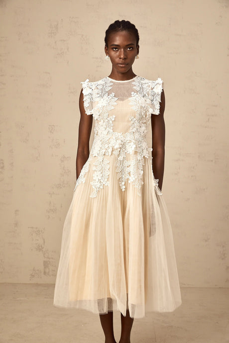 Annabelle Flowerappliqué Tulle Midi Dress