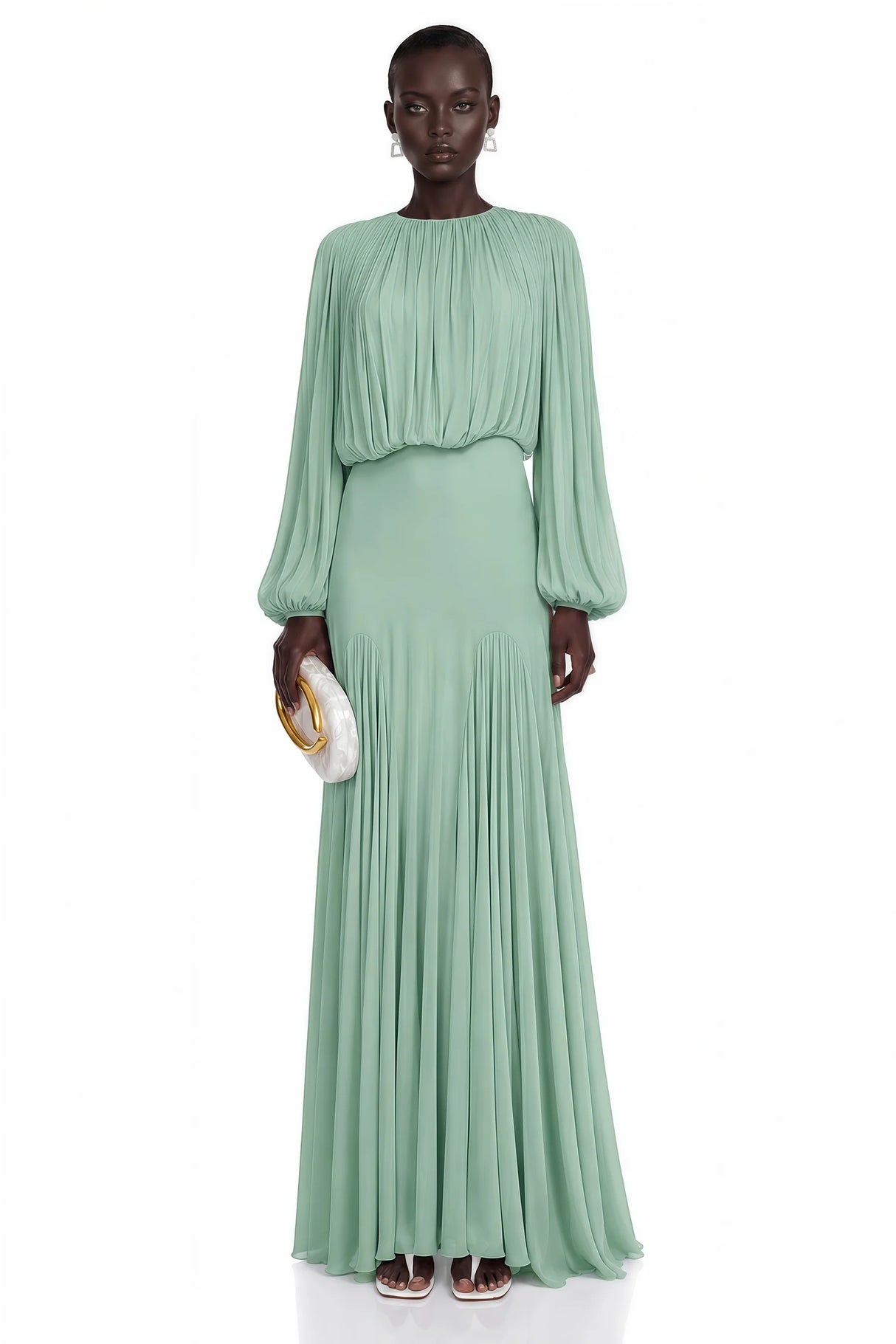 Annabelle Green Lantern Sleeve Pleated Maxi Dress