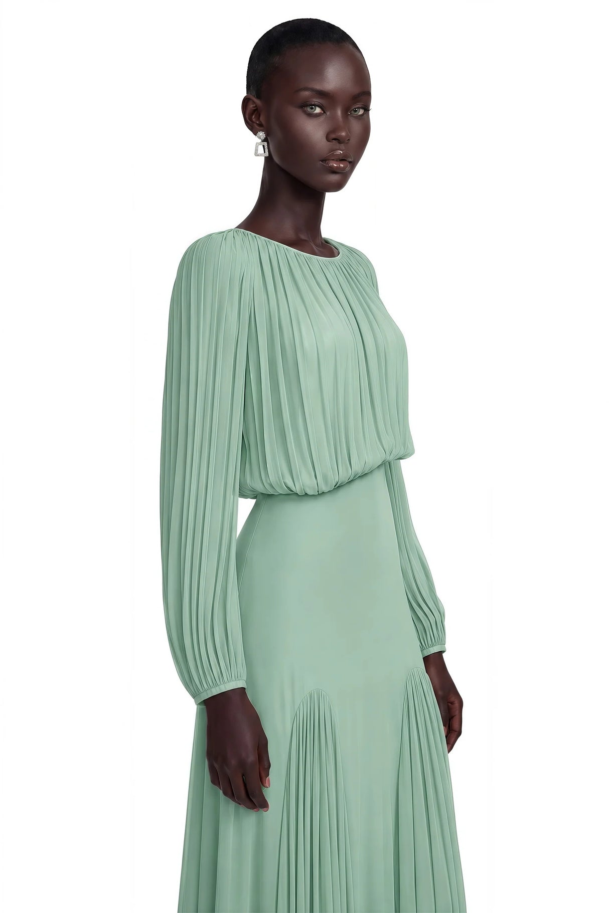Annabelle Green Lantern Sleeve Pleated Maxi Dress