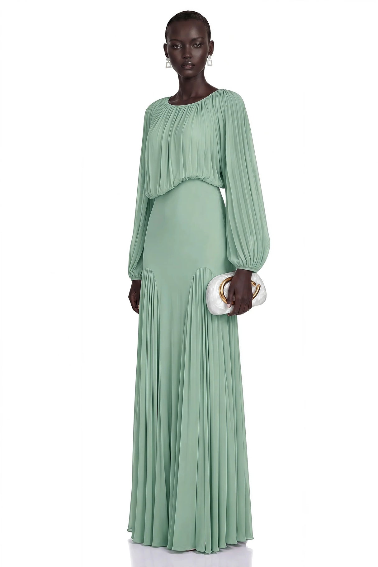 Annabelle Green Lantern Sleeve Pleated Maxi Dress