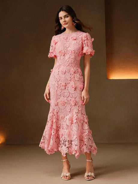 Annabelle Maxi Dress - Elegant Style - Puff Sleeve - Mermaid Hem - High Waist - Appliques & Ruffle Hem