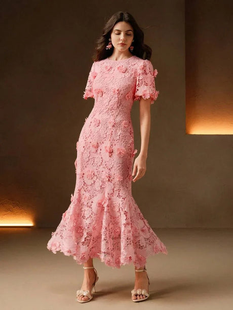 Annabelle Maxi Dress - Elegant Style - Puff Sleeve - Mermaid Hem - High Waist - Appliques & Ruffle Hem
