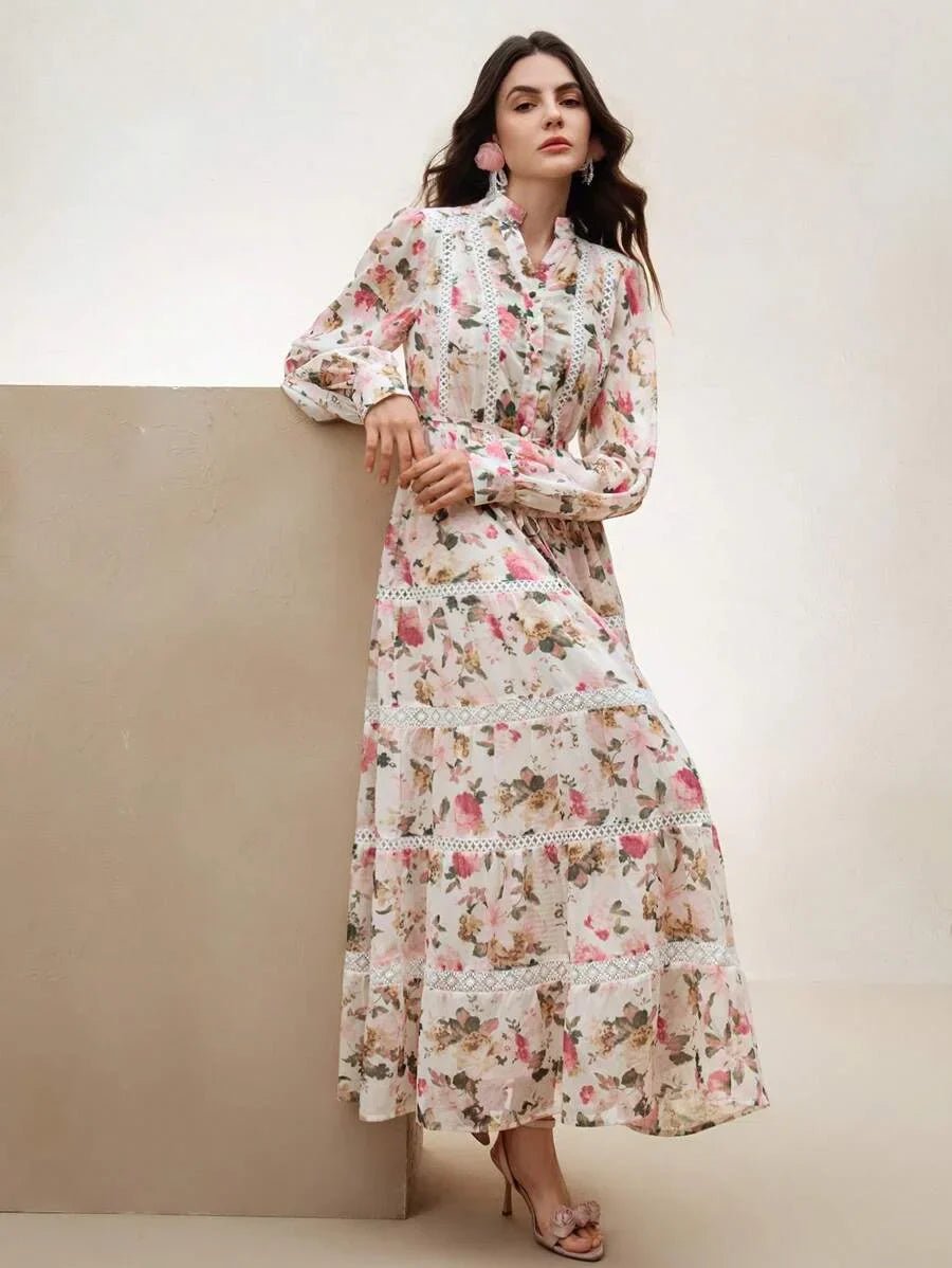 Annabelle Maxi Dress - Notched Neckline - Bishop Sleeve - High Waist - Floral Print - Boho Style